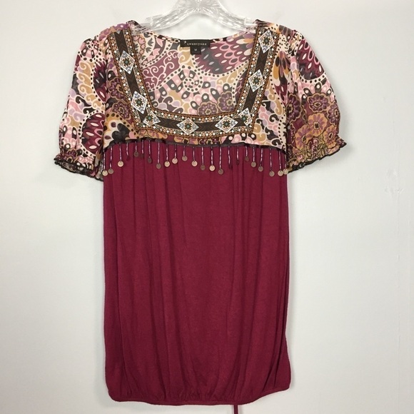 TWENTYONE Boho Burgundy Tie Back Beaded Top - Picture 1 of 14